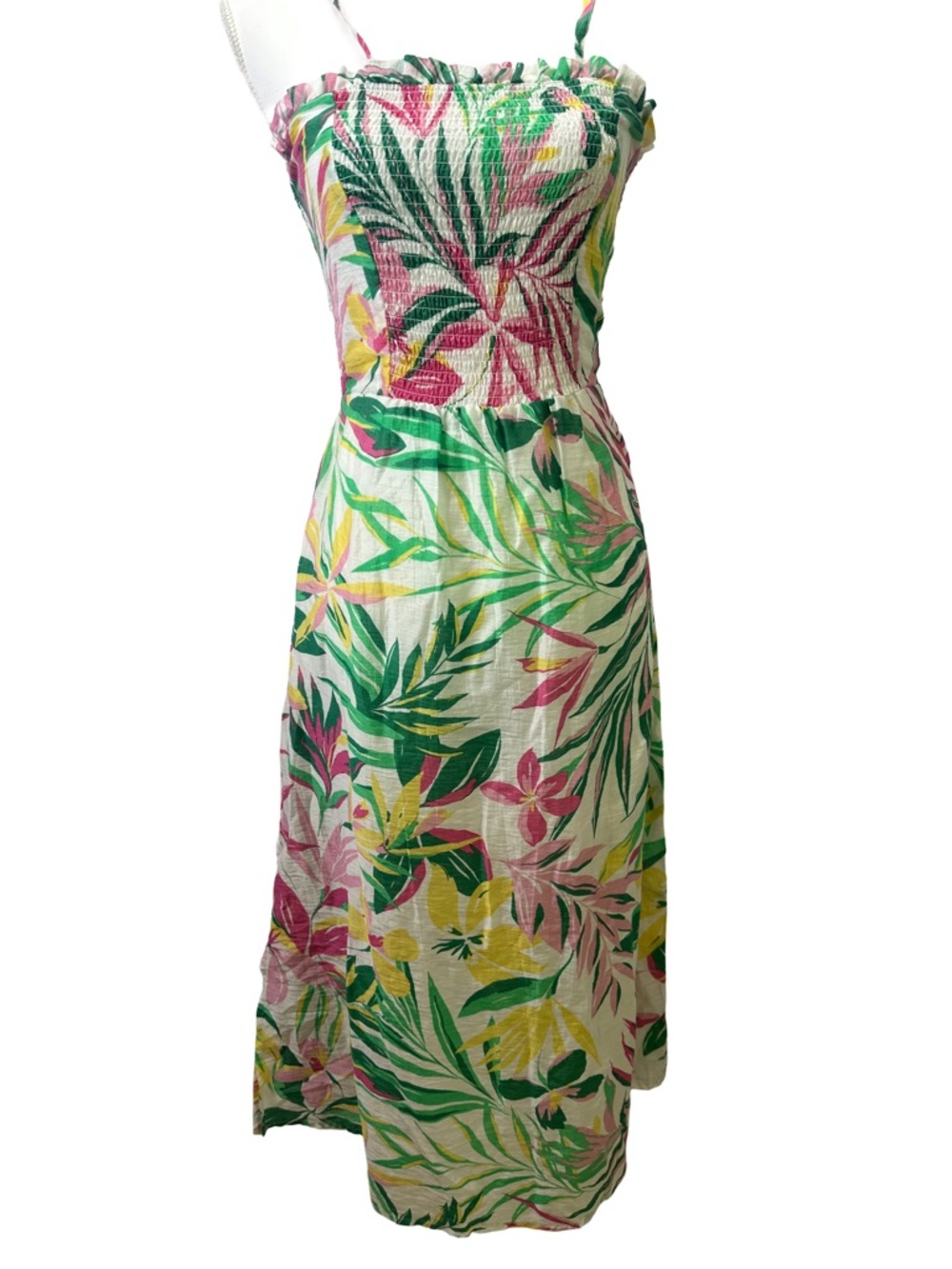 Amiani Tropical Floral Maxi Dress in Green, Pink & Yellow shirred tube top M
